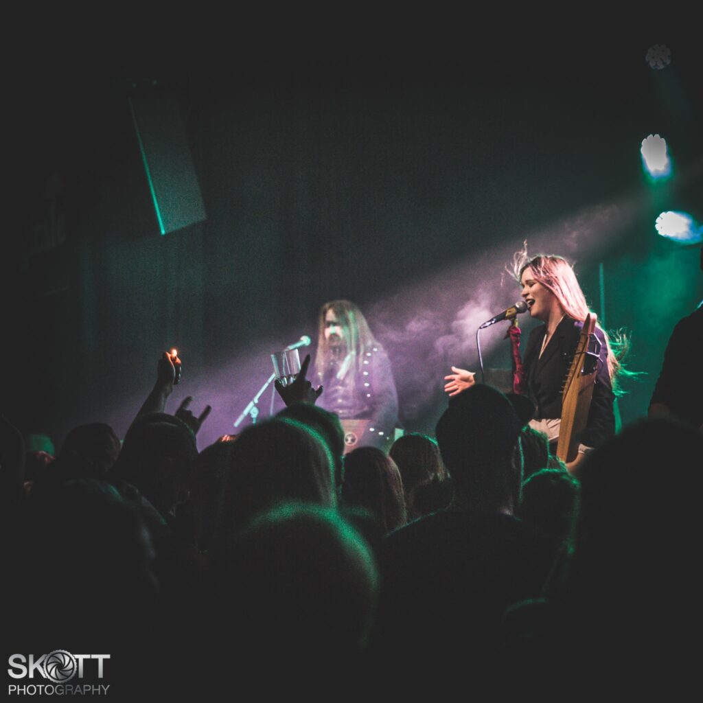 Ethereal Kingdoms live at Wintersun support show at Gimle. Sofia Schmidt performing My Kantele by Amorphis in front of crowd. 