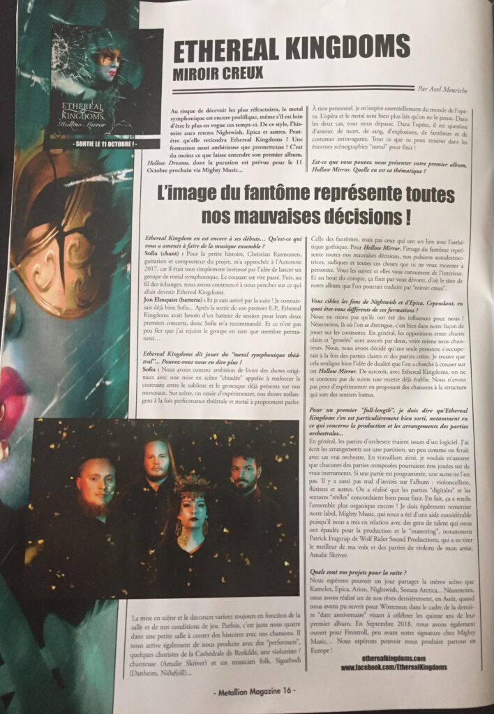 Ethereal Kingdoms Metallian interview sep/oc 2019. Full page magazine spread interview with symphonic metal band Ethereal Kingdoms. Mighty Music 2019. 