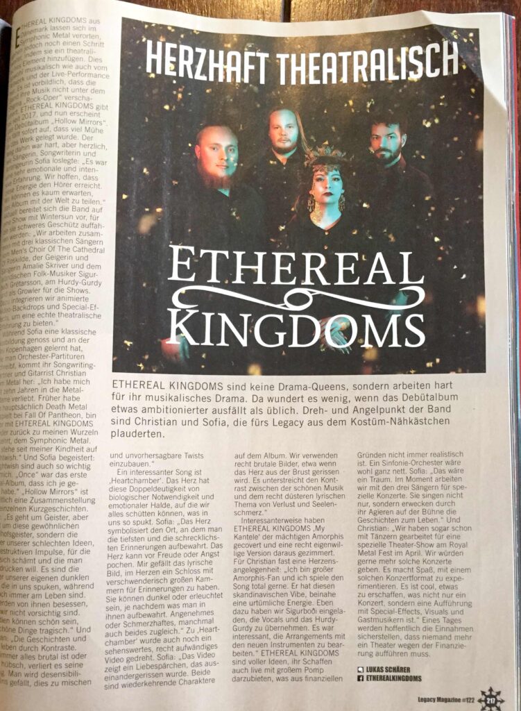 Legacy magazine interview with Ethereal Kingdoms about Hollow Mirror debut album. 