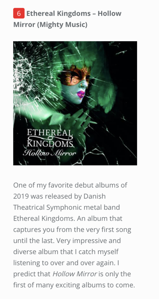 Ethereal Kingdoms debut album Hollow Mirror is featured on Metal Revolution Mia Hall's top 10 of 2019 list.